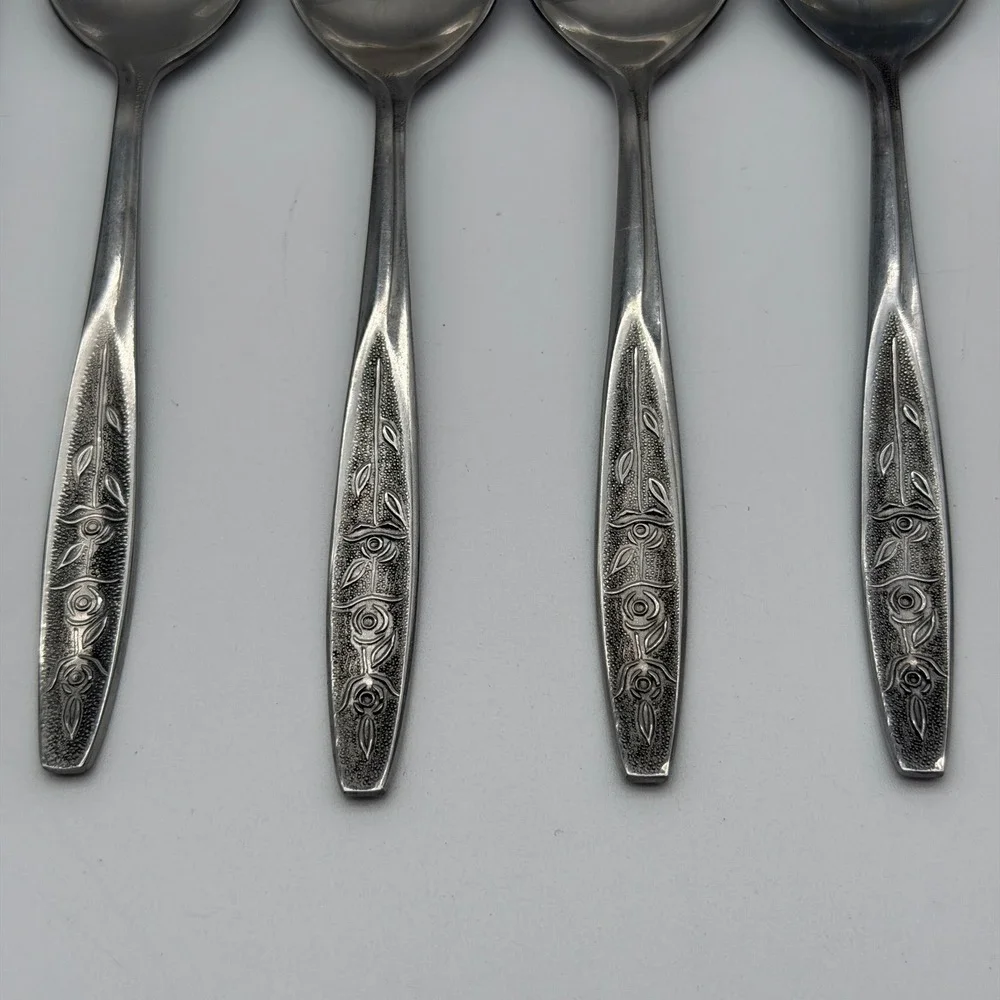 Customcraft Stainless Taiwan Rose Floral Flatware 8pc Set 4 Knives 4 Spoons MCM